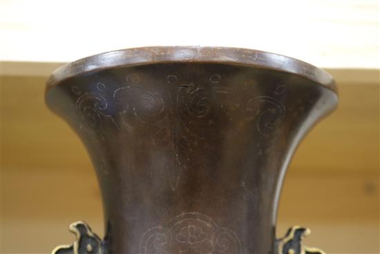 A Chinese bronze vase with silver inlay height 30.5cm